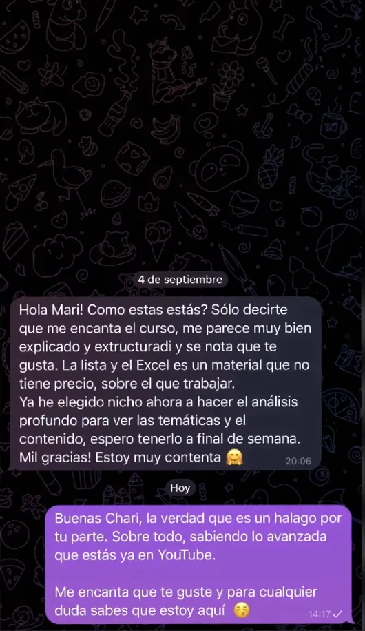 Conversacion de alumna con mari fuentes mostrando sus resultados gracias al curso