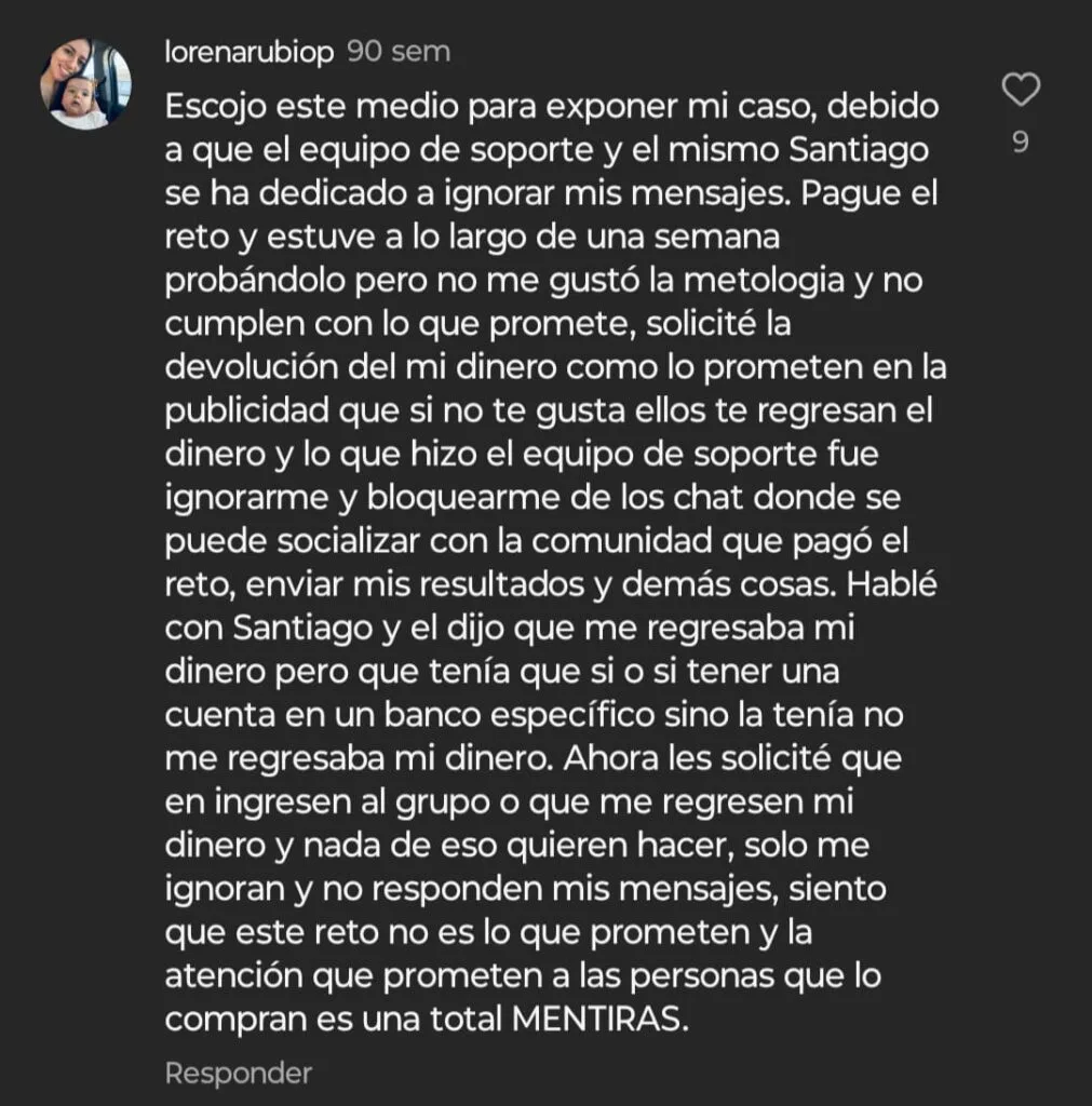 Comentario publicado en Instagram por una usuaria que reporta problemas con la devolución del dinero y el soporte del reto Te Vas a Transformar de SantiFit.