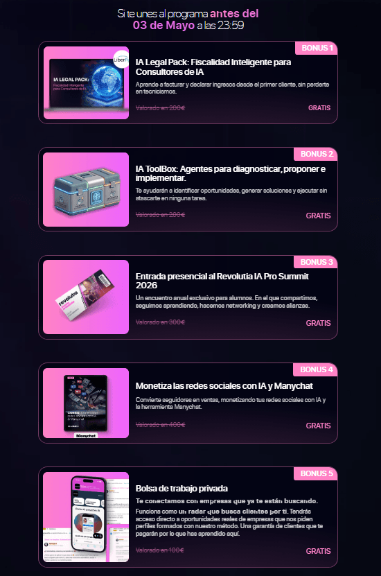 Bonos incluidos en Revolutia IA Pro y contenido extra del curso