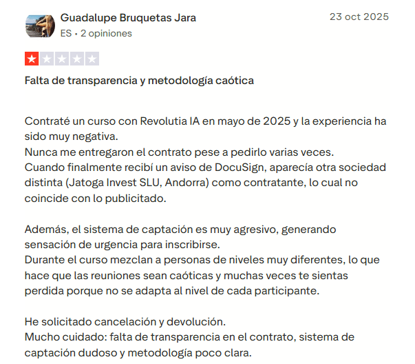 Opinión real de alumno sobre Revolutia IA Pro en Trustpilot