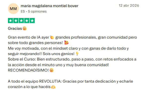 Opinión real de alumno sobre Revolutia IA Pro en Trustpilot