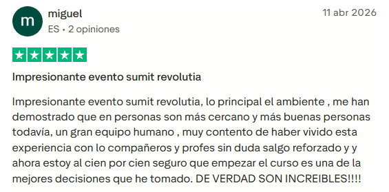 Opinión real de alumno sobre Revolutia IA Pro en Trustpilot