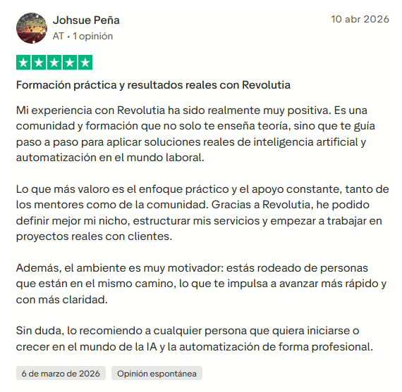 Opinión real de alumno sobre Revolutia IA Pro en Trustpilot