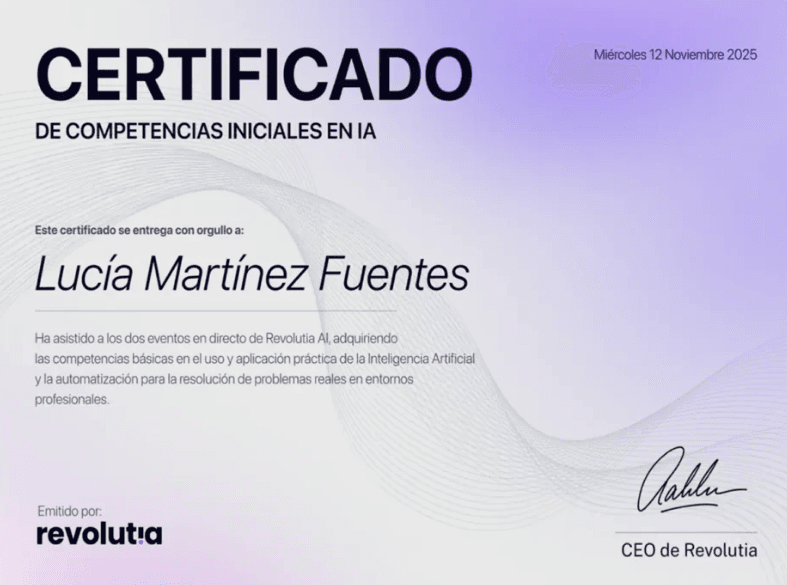 Certificado de Revolutia IA tras asistir al evento gratuito