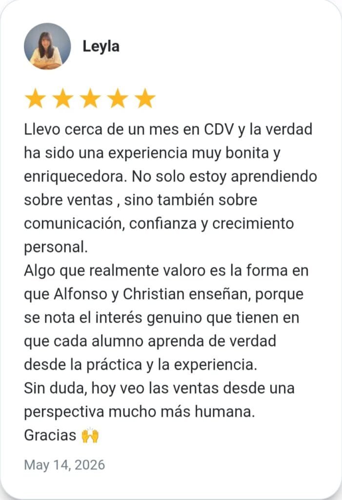 Opinión de la alumna Leyla sobre el curso CDV Closer de Ventas de Alfonso y Christian