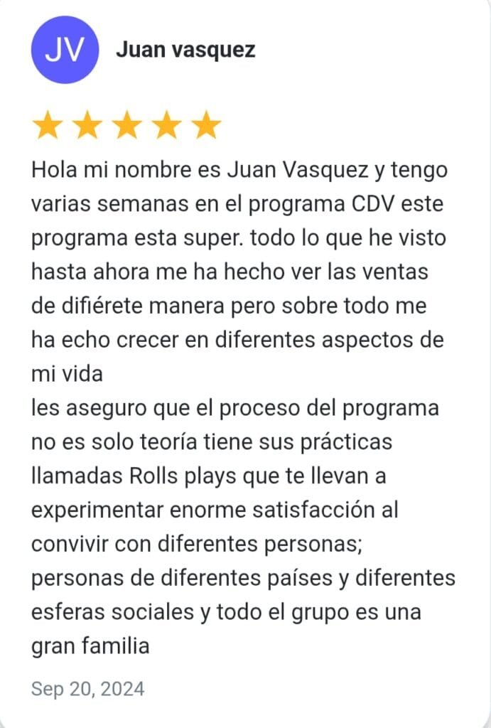 Reseña del alumno Juan Vásquez destacando la metodología práctica del curso CDV de Alfonso y Christian
