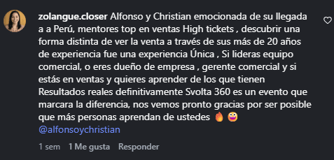 Comentario positivo en Instagram de un asistente al evento Svolta 360 organizado por Alfonso y Christian.