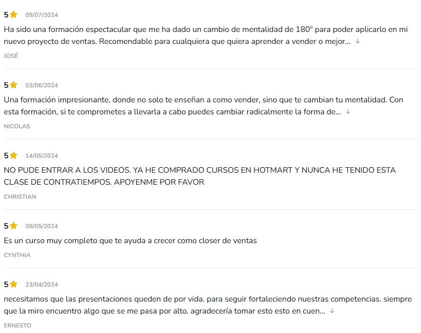 Valoraciones y opiniones de alumnos sobre el curso CDV de Alfonso y Christian en Hotmart.