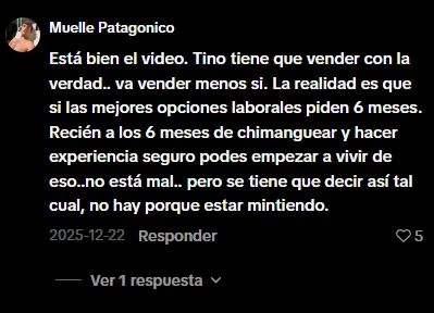 Comentario de un usuario que cuestiona las expectativas generadas por la publicidad de Tino Mossu sobre el trabajo como closer