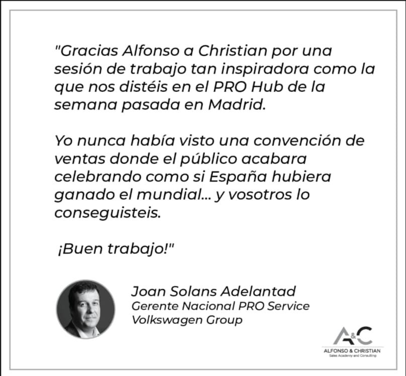 Testimonio de Joan Solans, gerente nacional de Volkswagen Group, agradeciendo una formación impartida por Alfonso y Christian