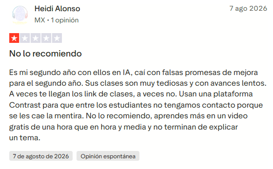 Heidi Alonso: 1 estrella 7 agosto 2026
Opinión negativa de Heidi Alonso sobre IA Heroes Pro, criticando las clases, la lentitud del contenido y la falta de comunicación y acceso a los enlaces.