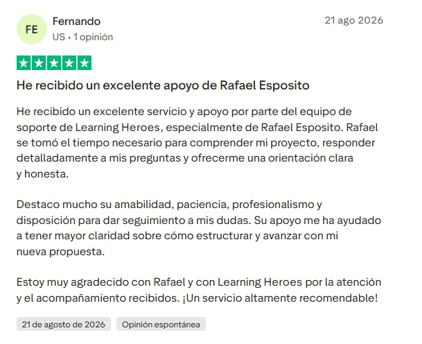 Fernando: 5 estrellas 21 agosto 2026
Opinión de Fernando sobre IA Heroes Pro, destacando el apoyo, la atención y la profesionalidad del equipo de soporte.