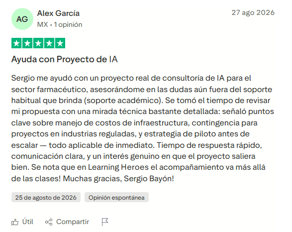 Alex García: 5 estrellas 27 agosto 2026
Opinión de Alex García sobre IA Heroes Pro, destacando el soporte recibido durante un proyecto real de consultoría de inteligencia artificial.