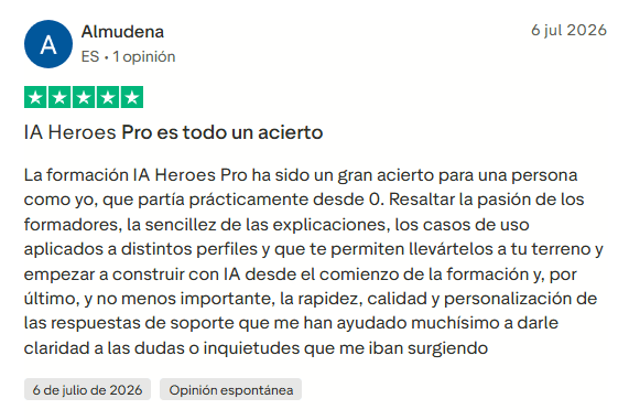 Almudena: 5 estrellas 6 julio 2026
Opinión de Almudena sobre IA Heroes Pro, destacando la sencillez de las explicaciones, los casos de uso prácticos y el soporte recibido.