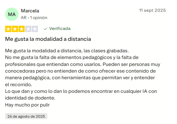 Marcela: 3 estrellas 11 septiembre 2025
Opinión de Marcela sobre IA Heroes Pro, destacando las clases grabadas y la modalidad a distancia y señalando aspectos a mejorar del contenido.
